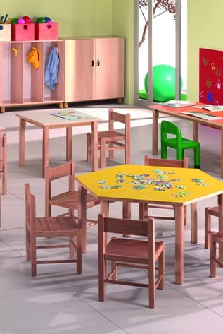 Nursery & Children's furniture: wooden tables, chairs, and storage in a bright, organized classroom setting.