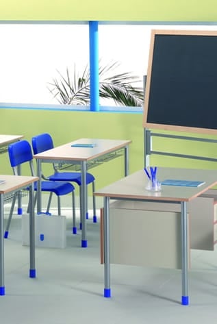 Classroom scene featuring School Furniture: desks, chairs, and a blackboard.