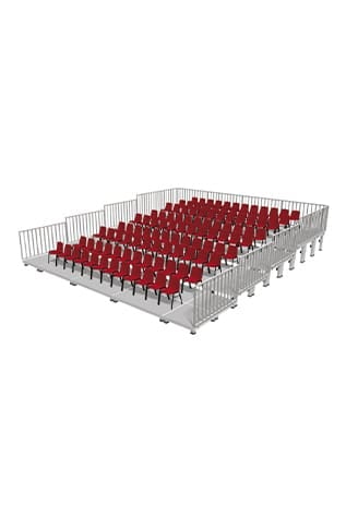 Elevated seating with red chairs and silver rails. Seating and Staging Solutions for events.