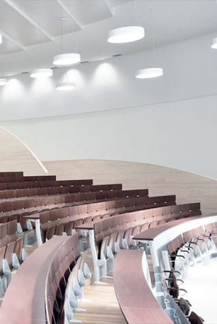 Modern Lecture Halls with ergonomic seating and integrated writing surfaces.
