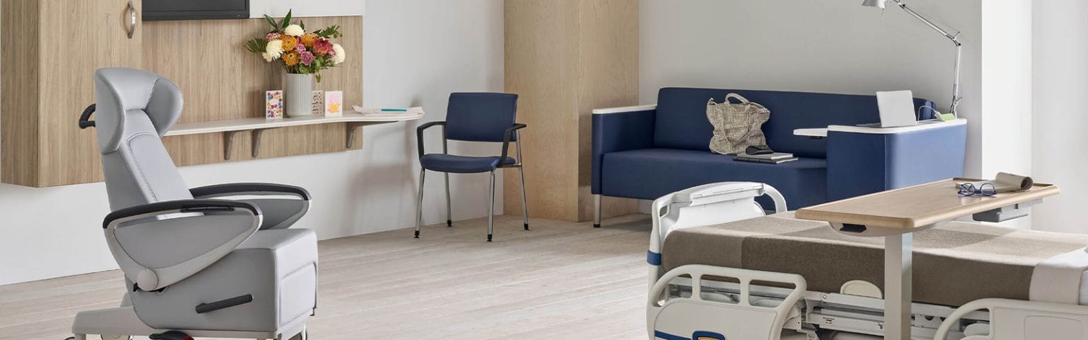 Modern healthcare furniture: adjustable chair, blue sofa, patient bed. Enhance your facility's comfort and functionality.