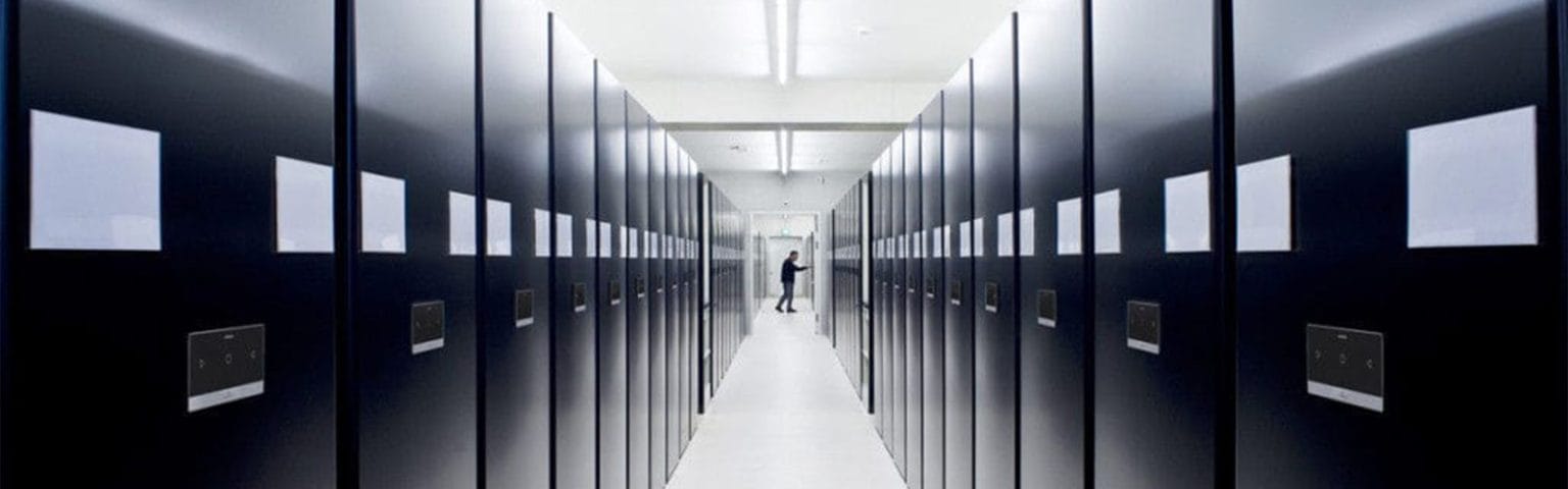 Hallway view of black Mobile Archive Filing Systems. Efficient document storage.