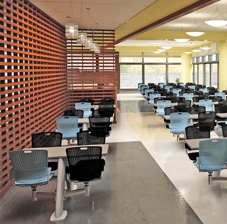 Educational space with tables and chairs. Accessories for learning environments.
