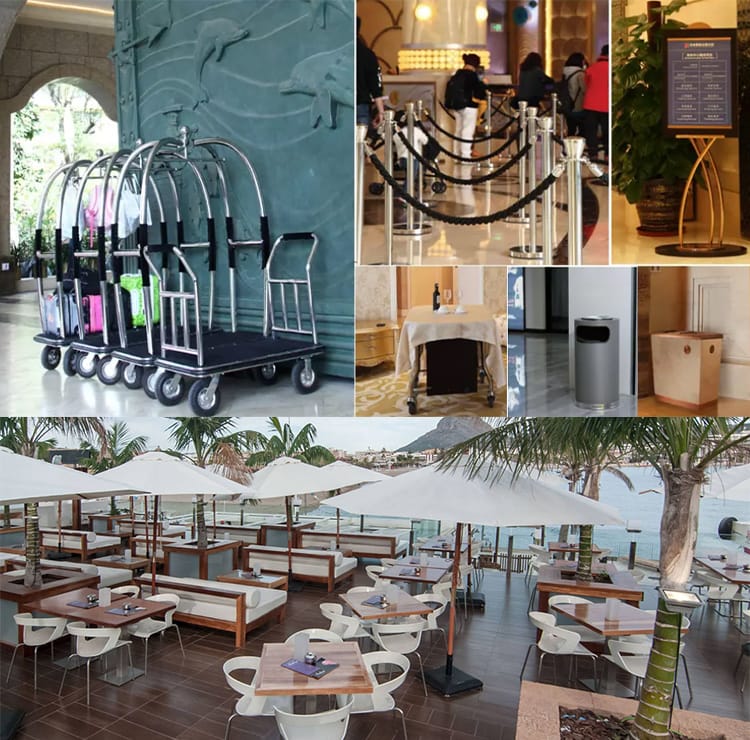 Elegant Hotels furniture: luggage carts, stanchions, tables, trash cans, and outdoor dining sets.