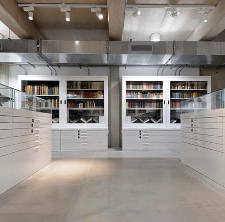 White Museum Storage Solutions with glass cabinets and drawers, ideal for artifact preservation.