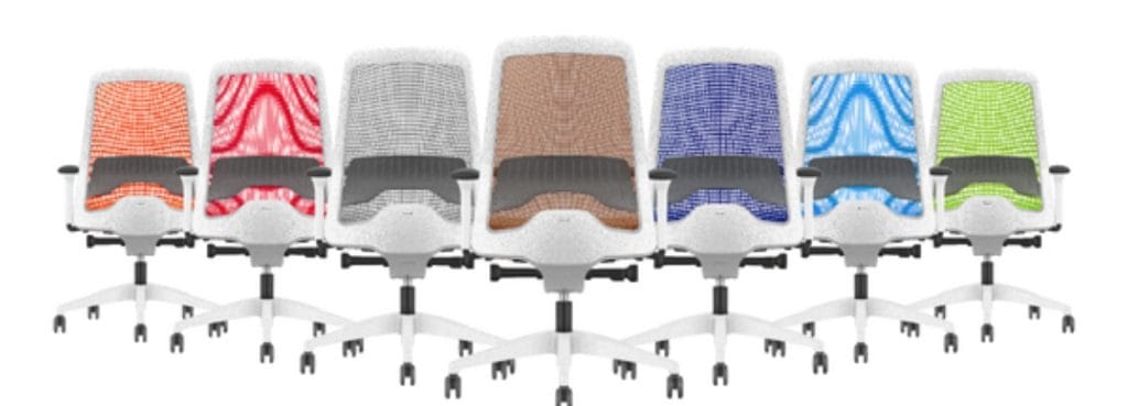 EVERYis1 Interstuhl task chairs, white frame, mesh back in orange, red, gray, brown, blue, and green.