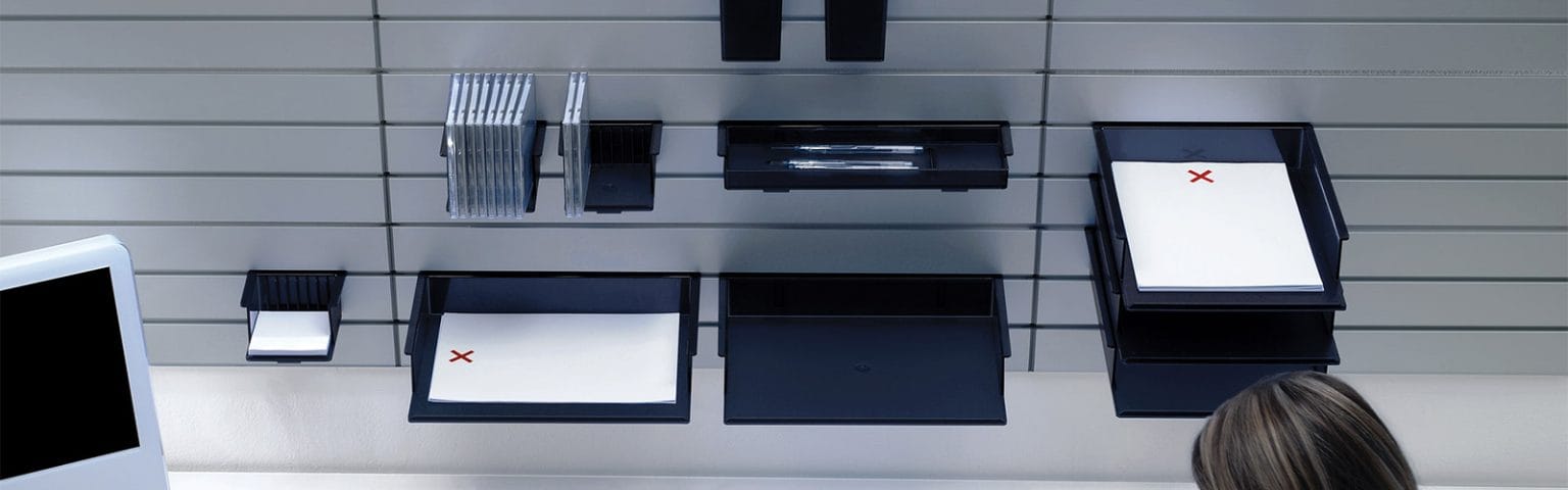 Sleek black Rexite Modular Systems wall organizer for stylish spaces.