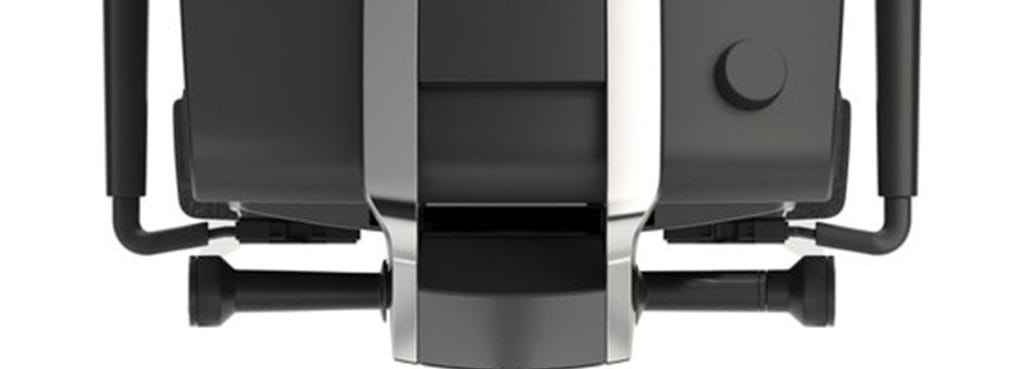 Close-up of a YOSTERis3 chair's black frame and silver accents, showcasing its modern design.