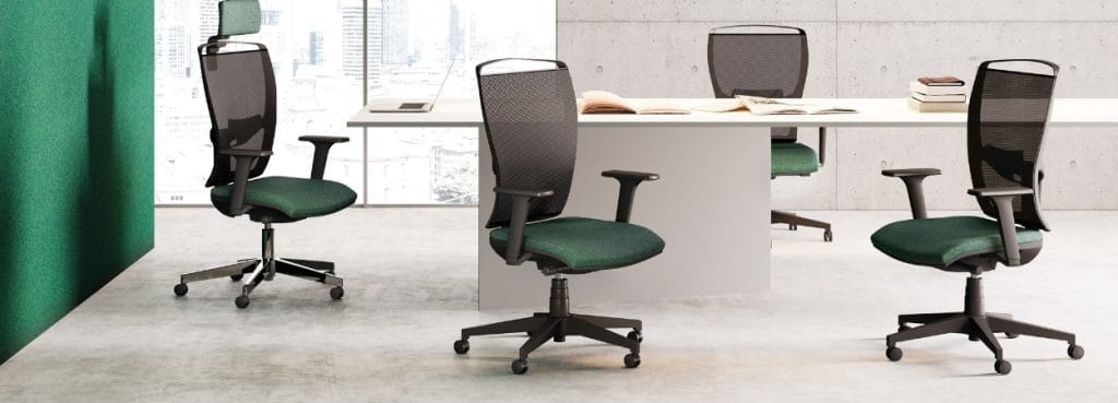 Ciak ergonomic office chair in green with a mesh back. Modern design for open spaces and task seating.