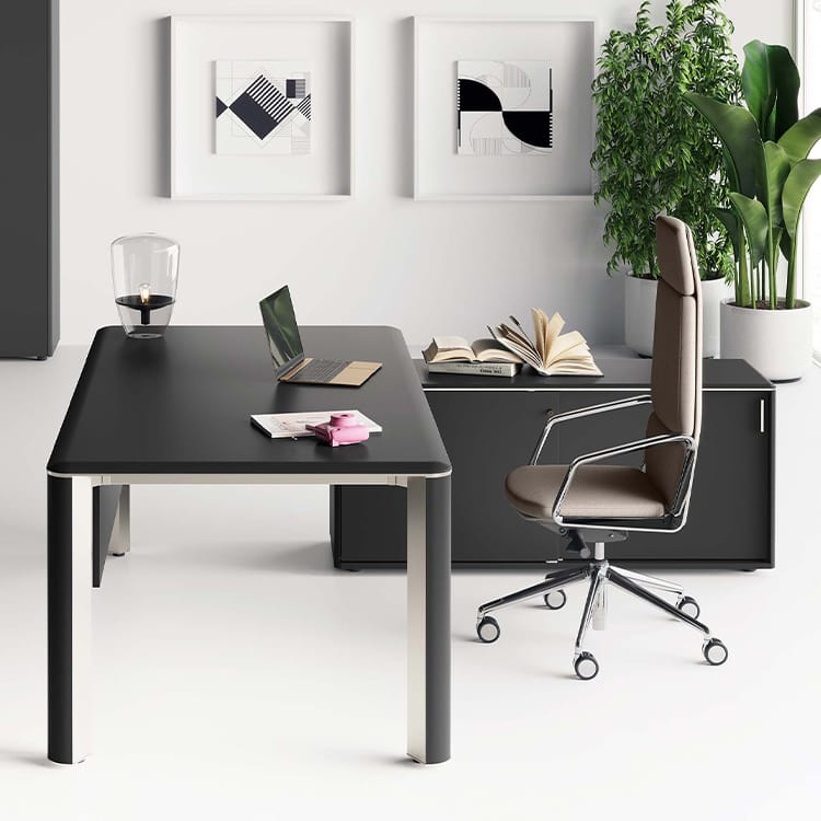 Modern IULIO office: black desk with metal frame, executive chair, storage cabinet, and decor.