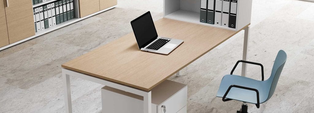 Modern Italo_Forty desk with light wood top, white frame, laptop, and blue chair in office setting.