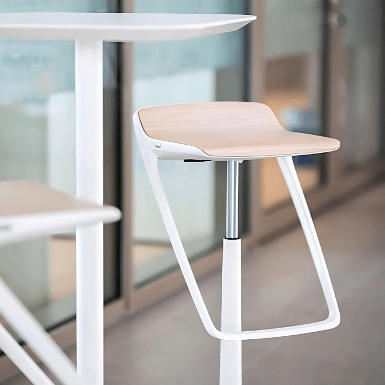 Minimalist KINETICis5 stool. White frame, light wood seat. Modern design for social spaces.