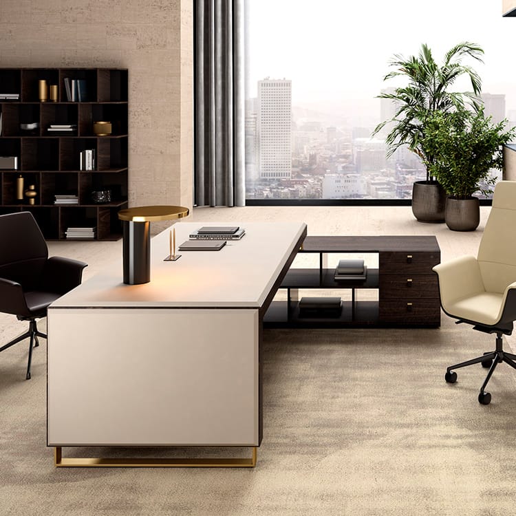 Modern LIBRA executive desk in neutral tones with gold accents in office setting.