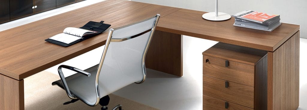 LITHOS executive desk. Wood finish, L-shaped design with drawers. Modern office furniture.