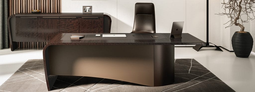MITHOS executive desk. Eucalyptus wood, rich finish, leather inserts, saddle stitching. Modern office furniture.