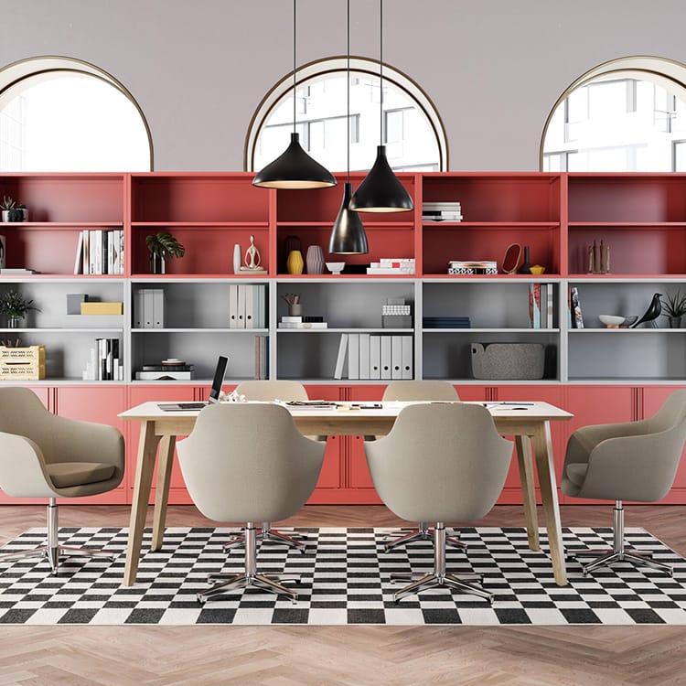 Modern office with the Meridian Office Storage Solution in coral and grey, paired with neutral chairs and a black-and-white rug.