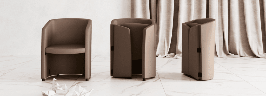 LAS Mobili MOVIE chair in brown, tub-style seating for conference rooms, available in standard and folding versions.