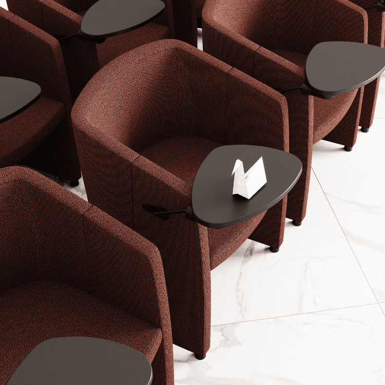 Close-up of LAS Mobili Movie conference chairs in textured brown fabric with black tablet arms.