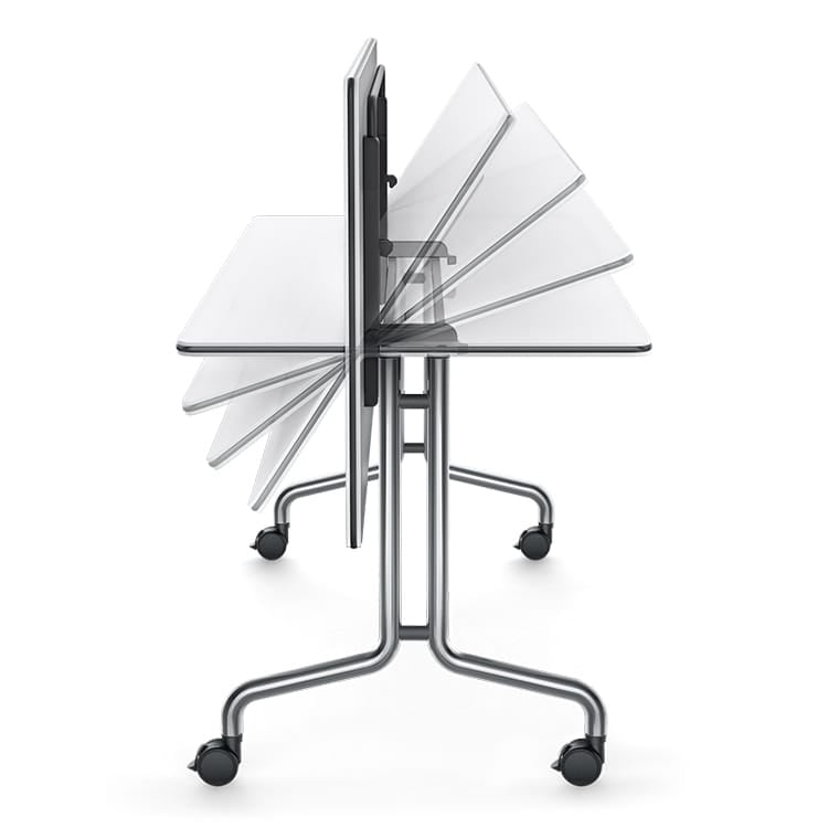 Side view of a NESTYis3 folding seminar table with a chrome frame and white top.