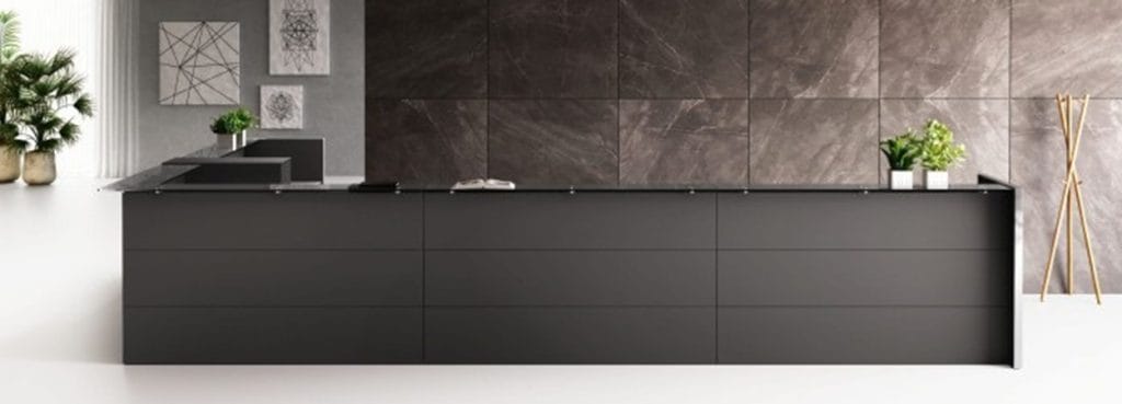 Modern NICE Reception desk in dark gray. Office furniture for welcome areas.
