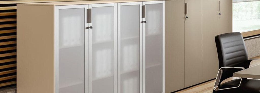 Modern Novanta Storage Units with acrylic doors, offering modular and stackable office storage solutions.