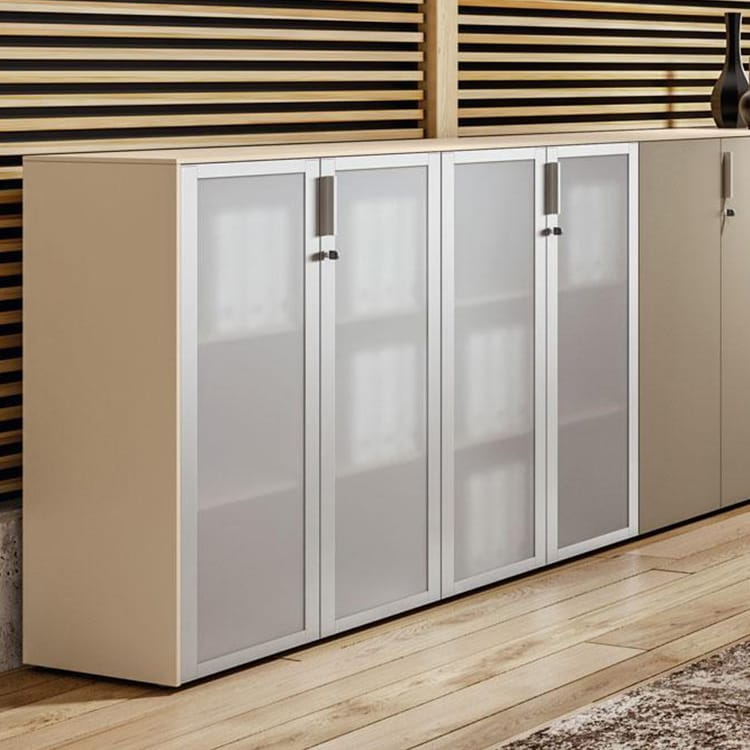 Modern Novanta Storage Units with acrylic doors in a modular office setup.