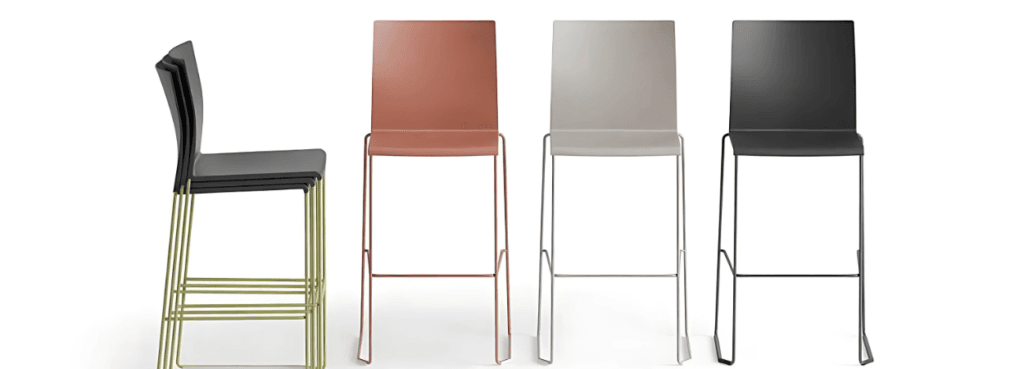 Four Web Stools in black, rust, gray, and stacked black with olive frames.