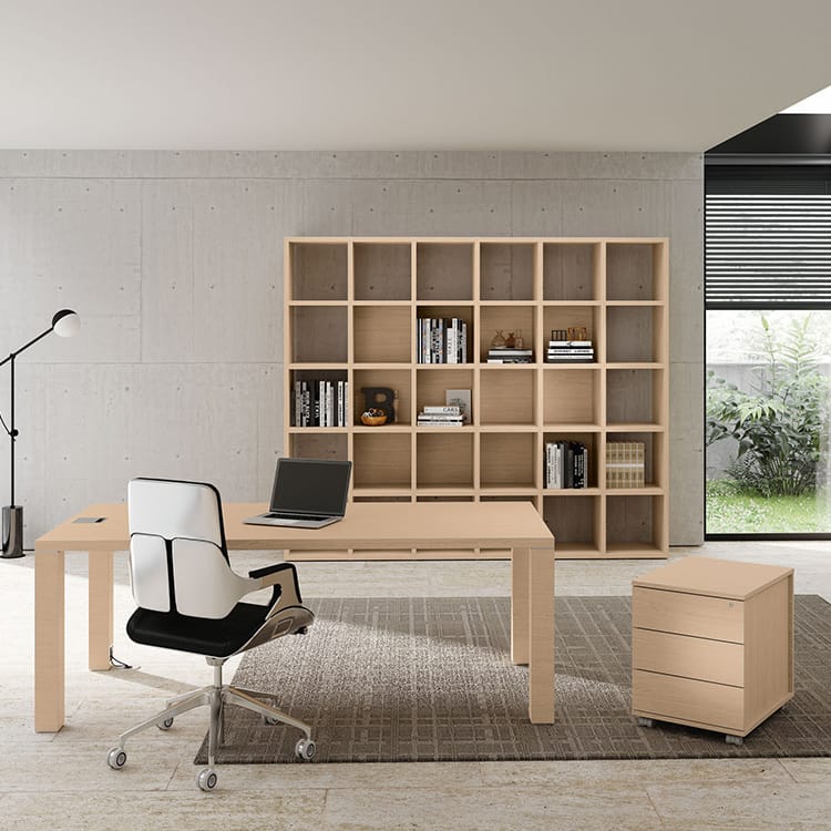 Light wood ODEON desk with a laptop, chair, bookshelf, and filing cabinet in a modern office setting.