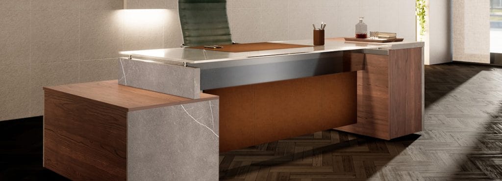 ONE Executive 04 desk. Wood and stone executive desk with a modern Italian design.