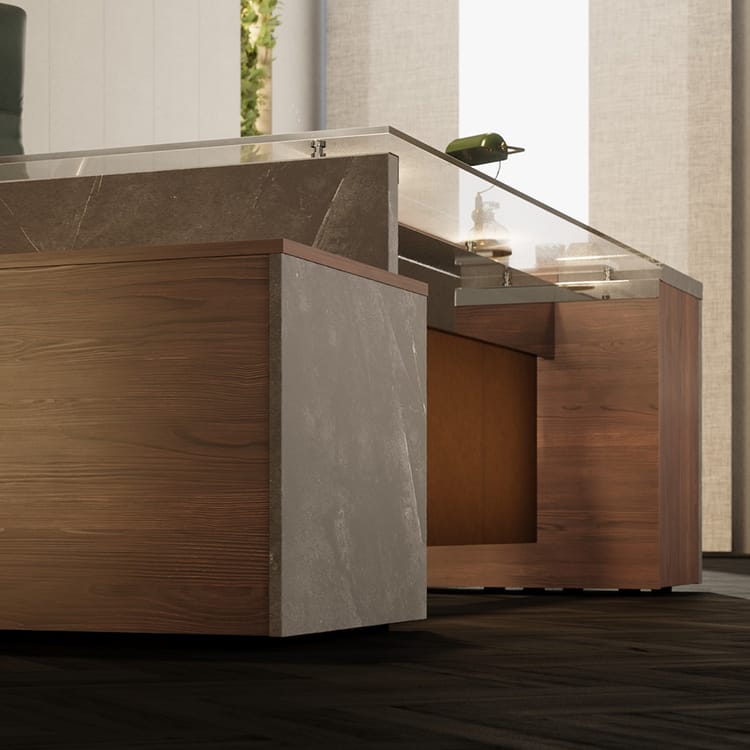 ONE Executive 04 desk. Wood and stone textures with a glass top. Italian design for private offices.