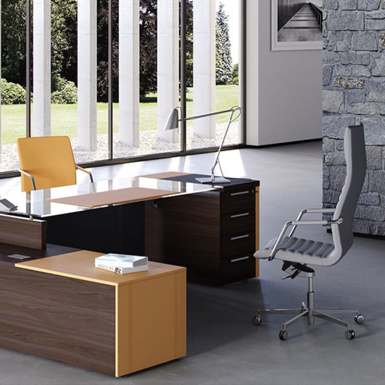 Modern executive office featuring the ONE desk with wood and glass elements.
