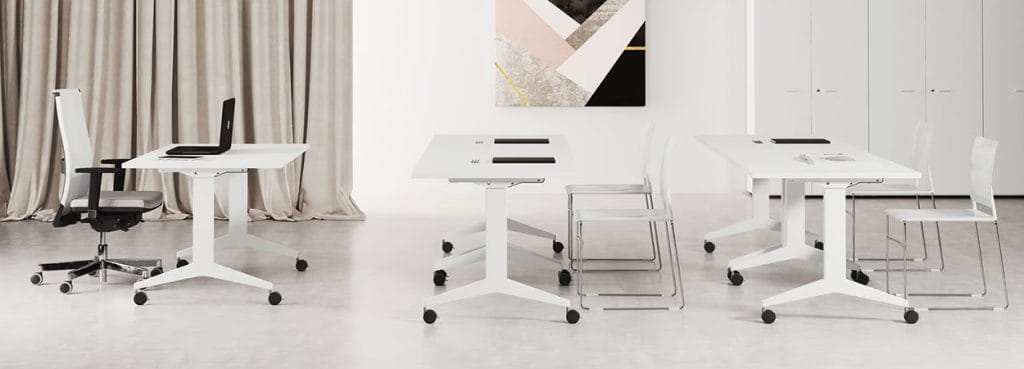 Minimalist white OYO Table by Las Mobili with wheels, ideal for flexible collaboration spaces.