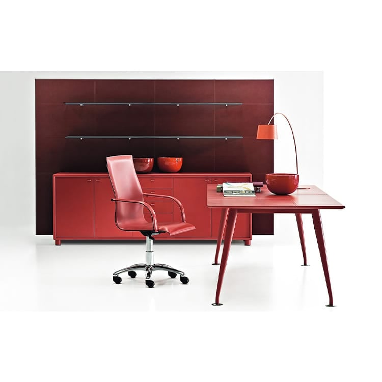 Contemporary red Orazio executive desk, chair, and storage unit.