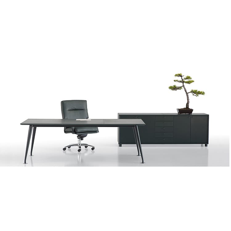 Orazio executive desk collection. Modern design in gray, with a chair and cabinet.