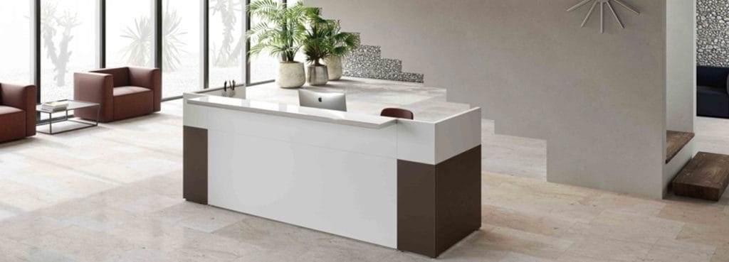 Modern PHILO Reception desk. White counter with brown accents, ideal for office welcome areas.