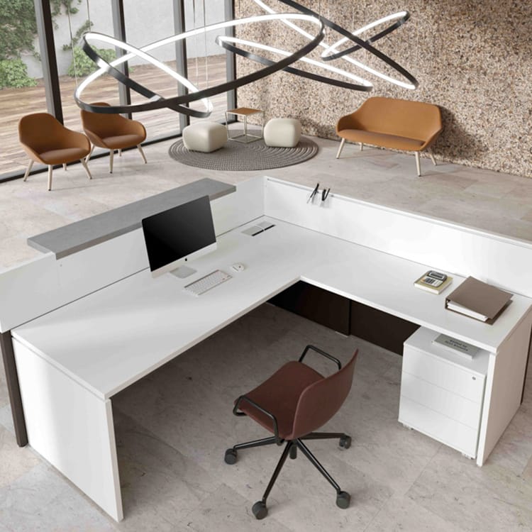 Modern PHILO Reception desk. White, L-shaped counter with seating area. Office furniture.