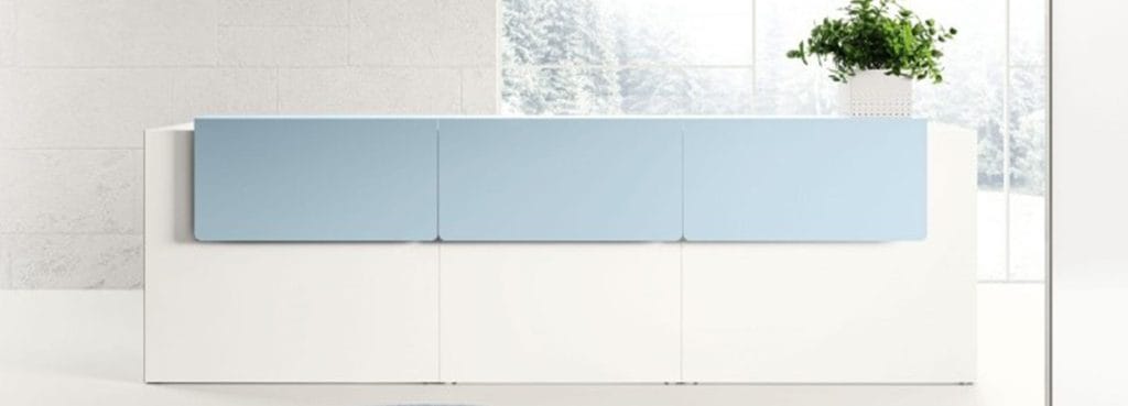 Minimalist POINT Reception desk in white and light blue. Modern welcome area furniture.