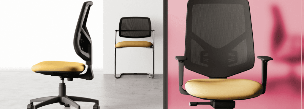 Prima task chair with black mesh back and yellow seat. Office seating.