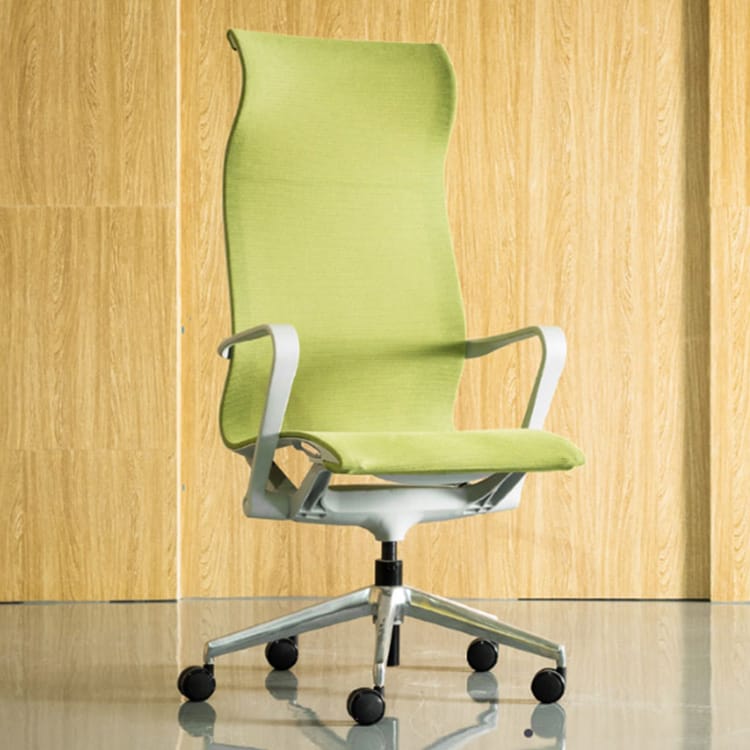 Ergonomic PROV A office chair in light green fabric with silver frame and rolling base.