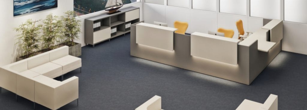 Hello Reception desk with LED lighting in a modern office space.