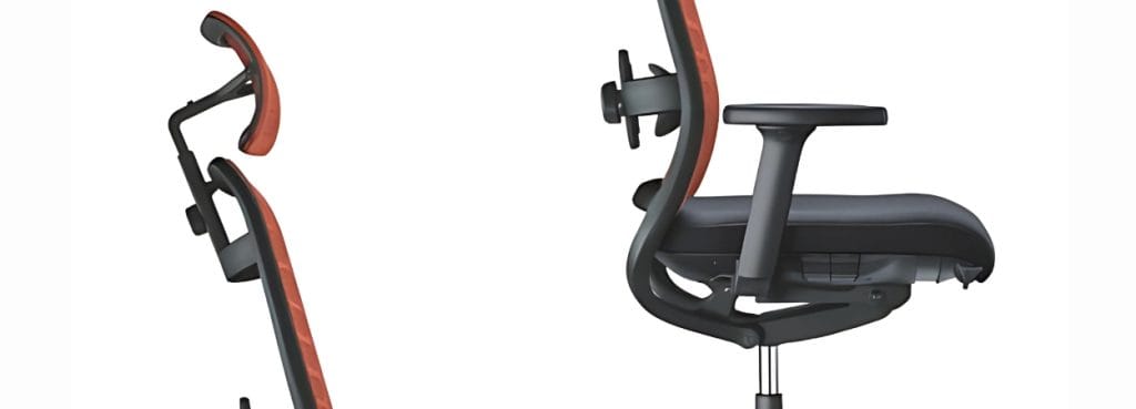Side view of the Interstuhl Hero chair, featuring black frame and red accents.