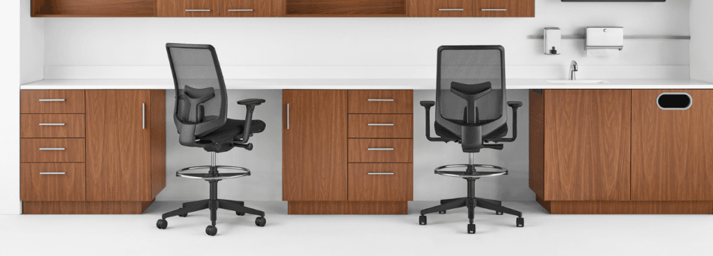 Ergonomic black Verus Stool by Herman Miller for high workstations.