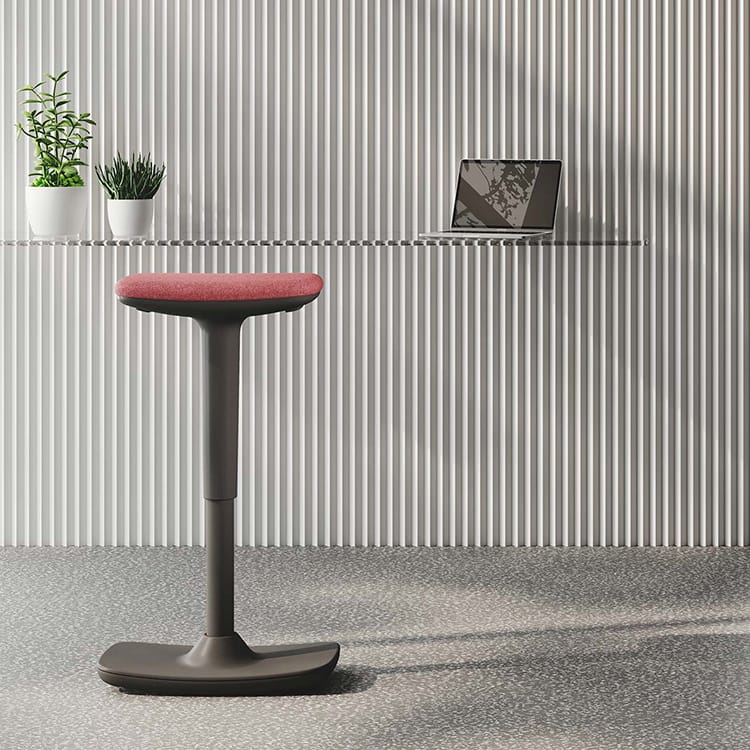 Modern Provino Stool with a red cushioned seat and gray frame. Versatile seating for offices and social spaces.