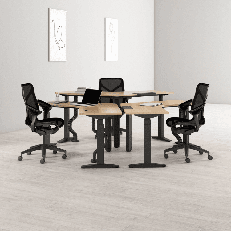 Herman Miller Ratio workstation with black chairs. Modern office furniture.
