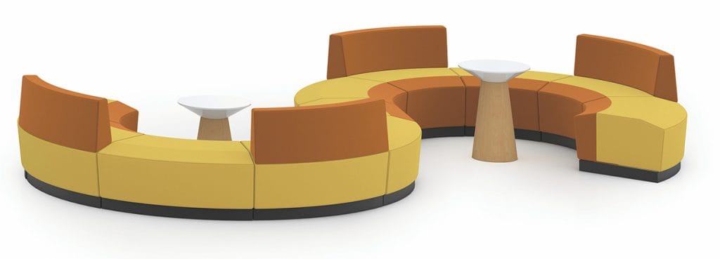 S069 Lounge Seating: Modular curved sofa in yellow and orange with small white tables. Modern style.