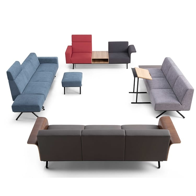 Modern S2042 Lounge Seating. Modular design in blue, gray, red, and brown. Perfect for reception or office welcome areas.