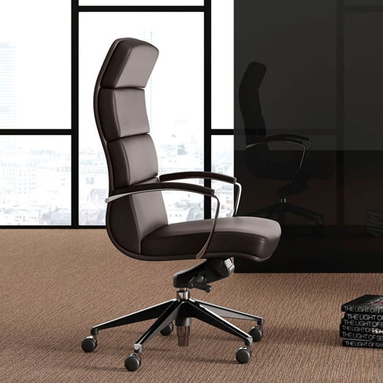 Ergonomic brown leather Scena executive chair with armrests and a five-star base.