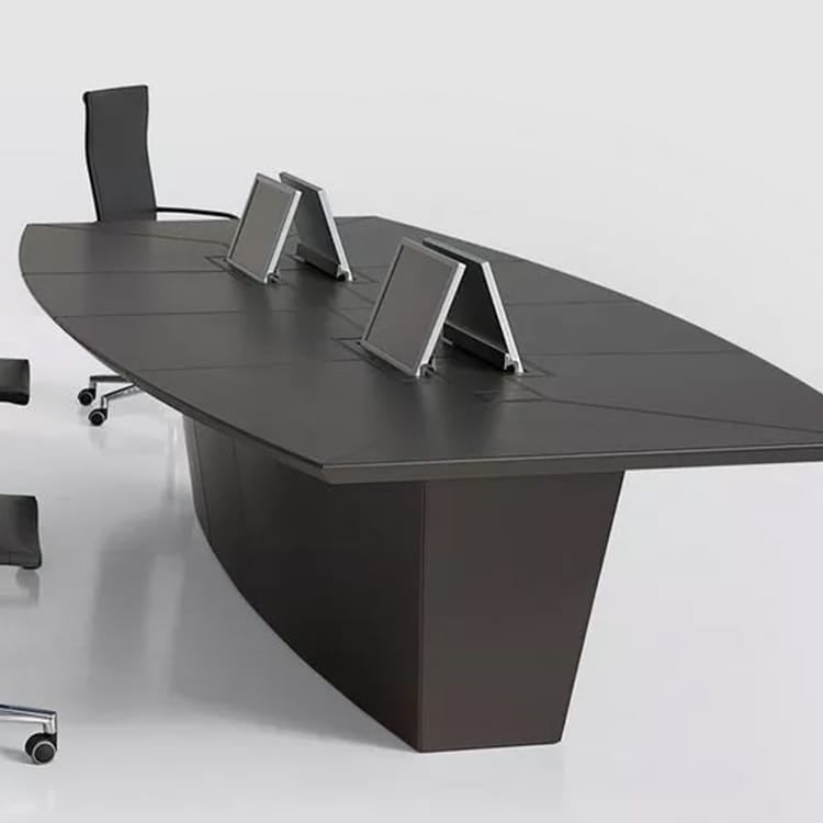 Dark gray Socrates Conference Table with monitor ports and modern design.
