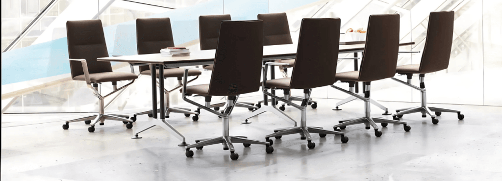 Sola conference chair by Wilkhahn in brown leather with a silver base.