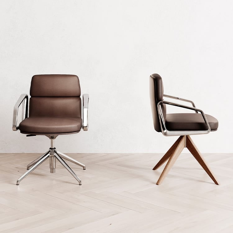 Two brown leather Lead executive chairs with metal and wood bases.